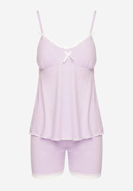 Fioletowy Komplet Piżamowy z Bawełną Spodenki z Koronką i Top z Kokardkami Firavielle