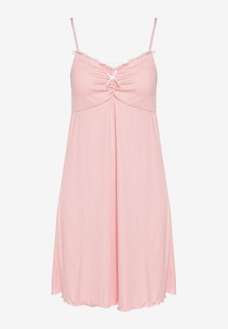 Różowa Koszula Nocna na Ramiączkach Zdobiona Marszczeniem Milonelia