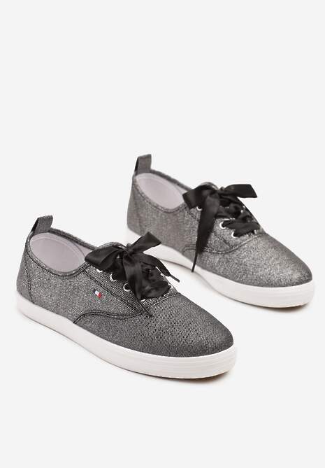 Czarne Tenisówki Brokatowe z Ozdobnymi Sznurowadłami Palmena