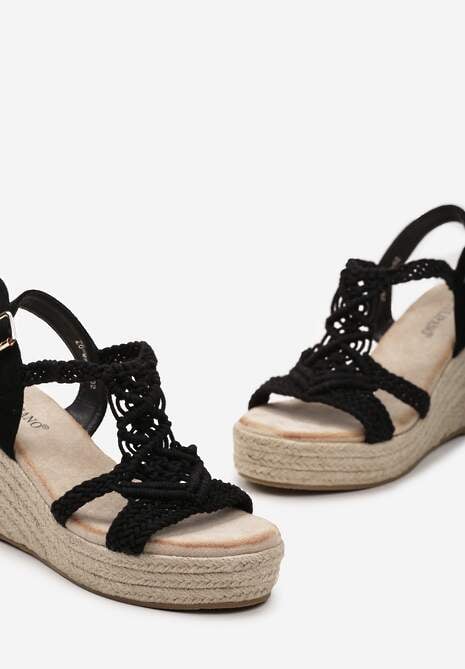 Czarne Sandały Zapinane na Sprzączkę na Koturnie z Plecionej Juty Atrivea