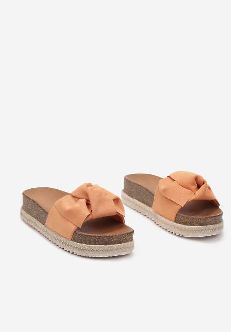 Pomarańczowe Klapki na Platformie z Korkową Wstawką i Ozdobną Kokardą Hatia