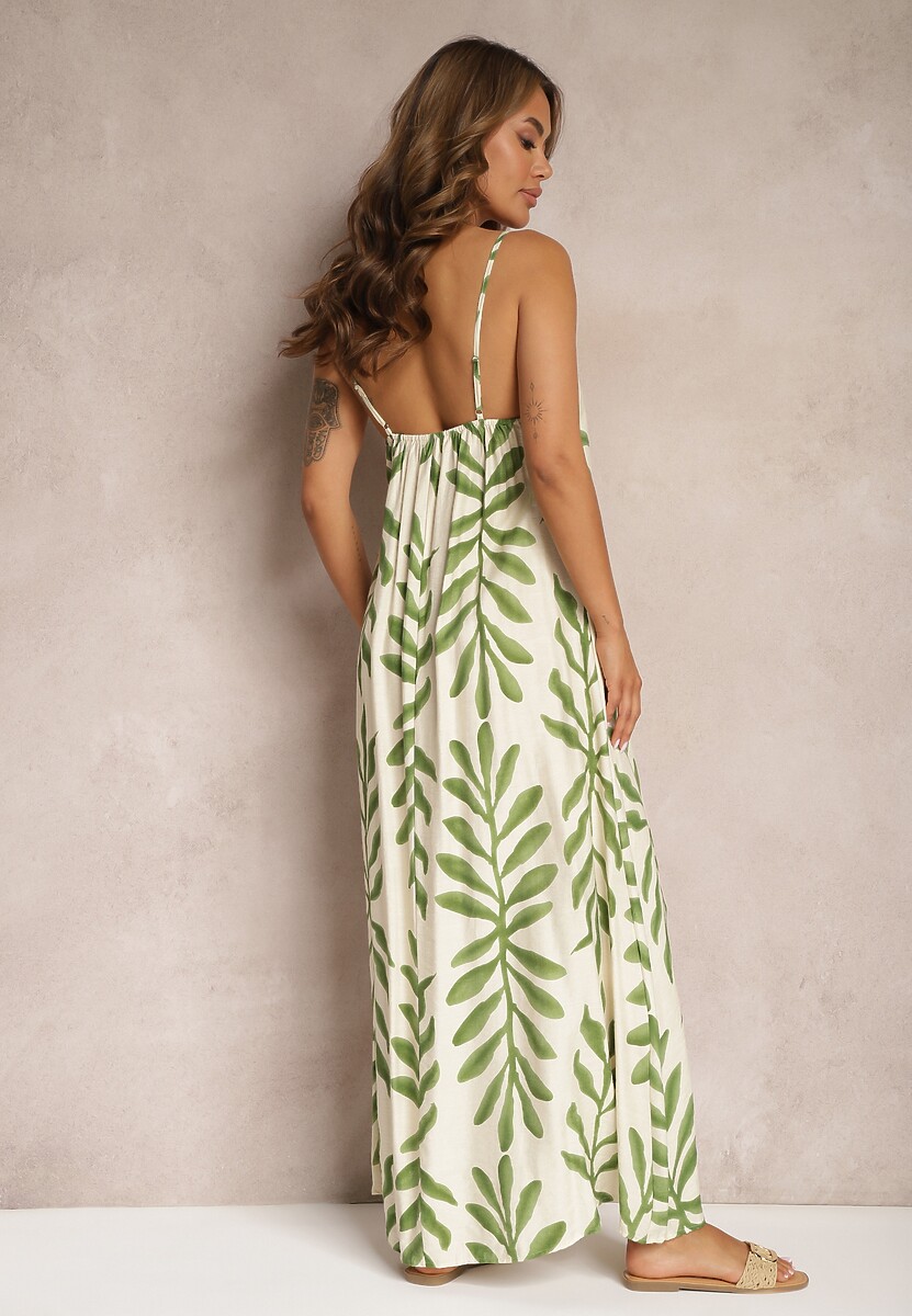 Beżowo-Zielona Wiskozowa Sukienka o Rozkloszowanym Kroju na Regulowanych Cienkich Ramiączkach Dimrrina