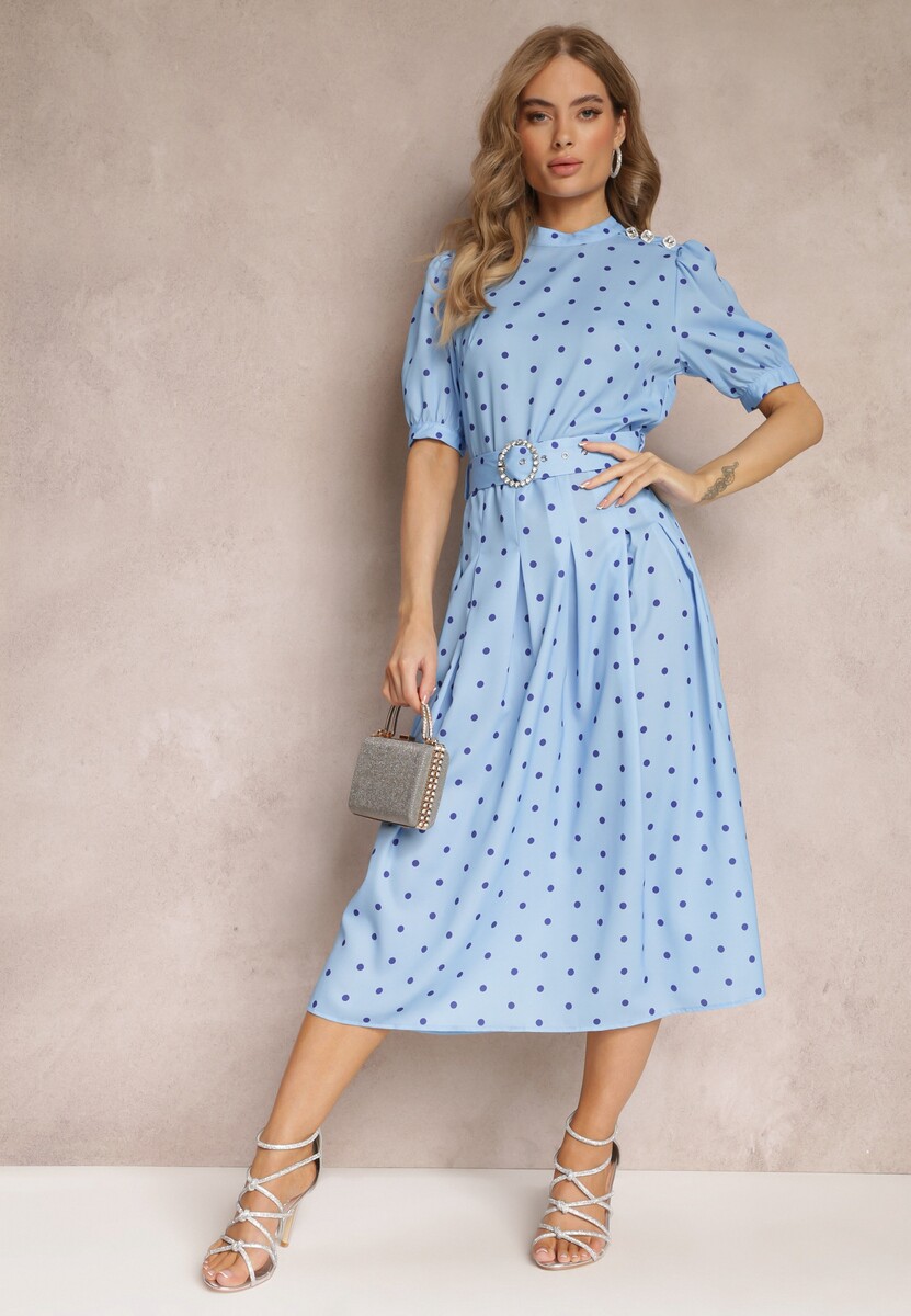 Niebieska Rozkloszowana Sukienka Midi z Gumką w Pasie i Ozdobnym Paskiem z Klamrą Abennita