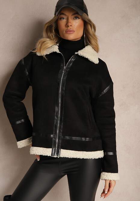 Czarna Kurtka z Ekozamszu o Prostym Kroju z Kołnierzykiem i Futerkiem Ninnova