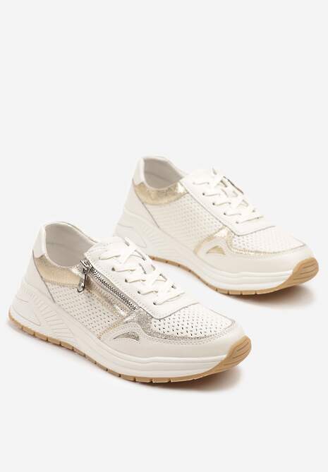 Beżowe Skórzane Sneakersy z Ozdobną Perforacją i Suwakiem Amiriella
