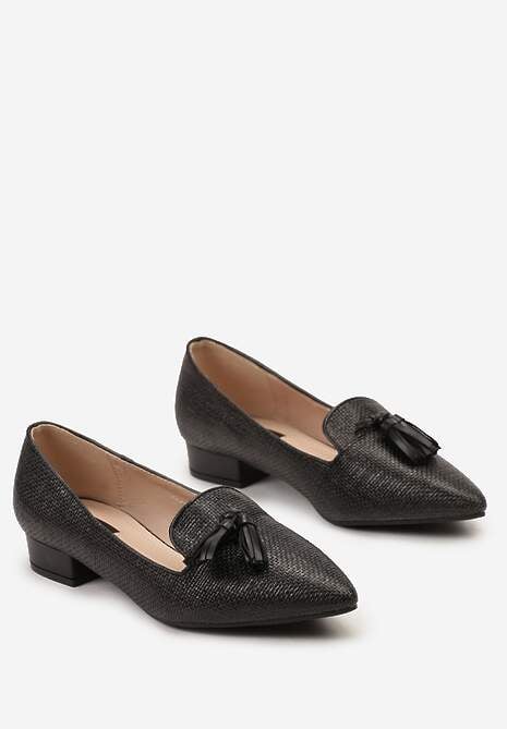 Czarne Mokasyny Loafersy Ozdobione Frędzlami i Kolorową Plecionką Tiules