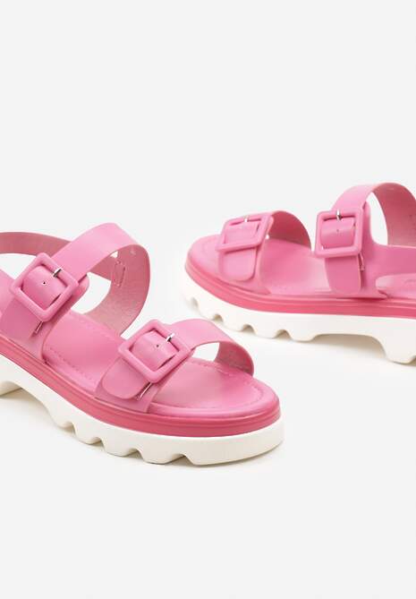Fuksjowe Sandały z Imitacji Skóry z Dwiema Sprzączkami i Elastycznym Paskiem na Pięcie Risavia