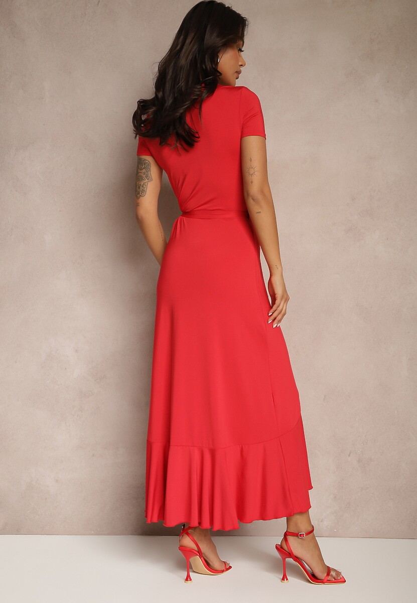 Czerwona Sukienka o Kopertowym Fasonie z Falbankami Zleffia