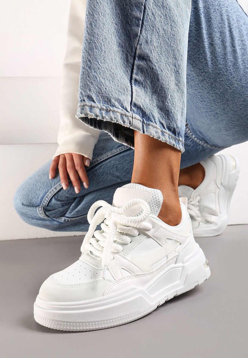 Białe Płaskie Casualowe Sneakersy ze Sznurowaniem i Transparentnym Elementem z Tyłu Gamarie