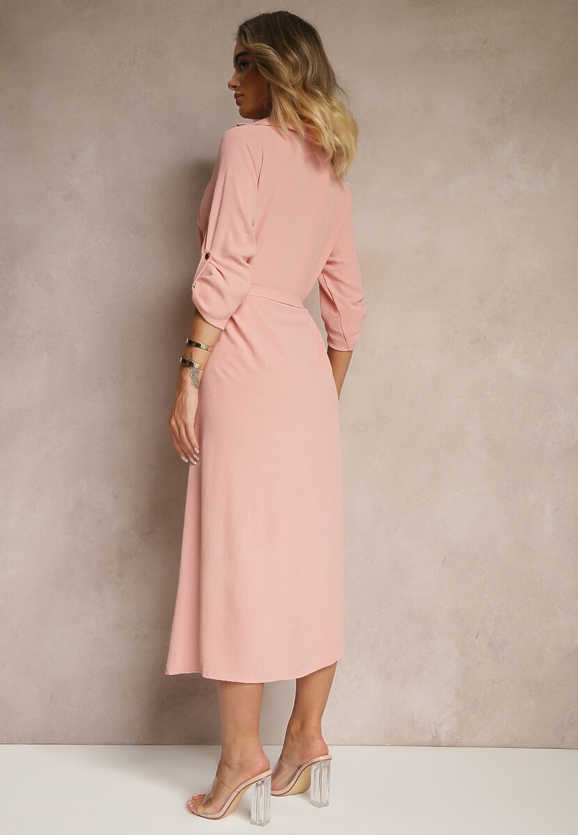 Różowa Sukienka Koszulowa Ozdobiona Paskiem Vivirielle