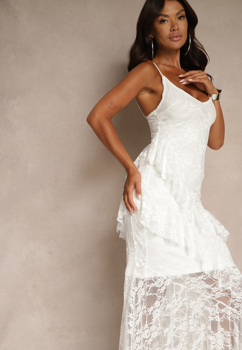 Biała Koronkowa Sukienka na Ramiączkach Ozdobiona Falbankami Silurelle