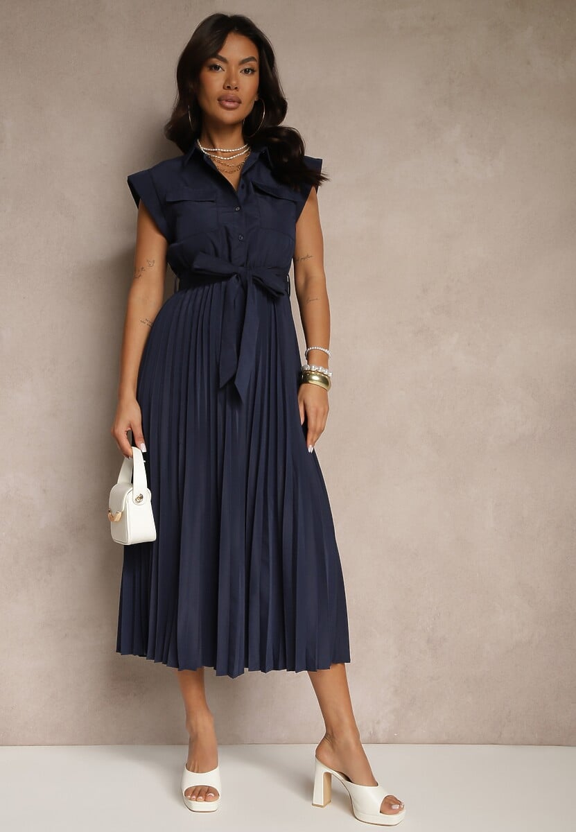 Granatowa Sukienka Plisowana z Bawełną Ozdobiona Paskiem Lirabelle