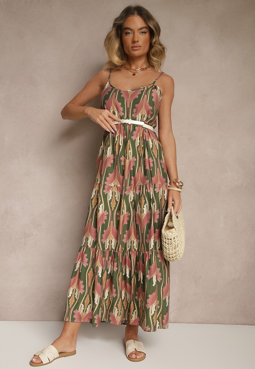 Zielono-Różowa Sukienka w Stylu Boho z Cienkimi Regulowanymi Ramiączkami Tosena