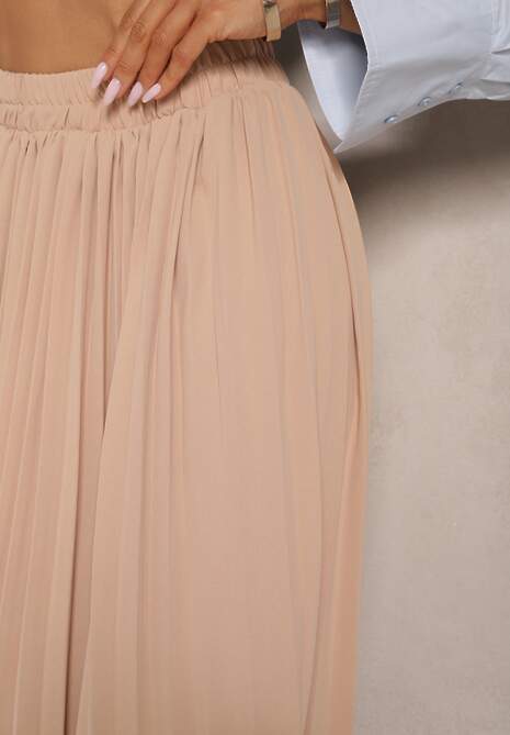 Beżowa Plisowana Spódnica o Rozkloszowanym Kroju z Gumką w Talii Ulindris