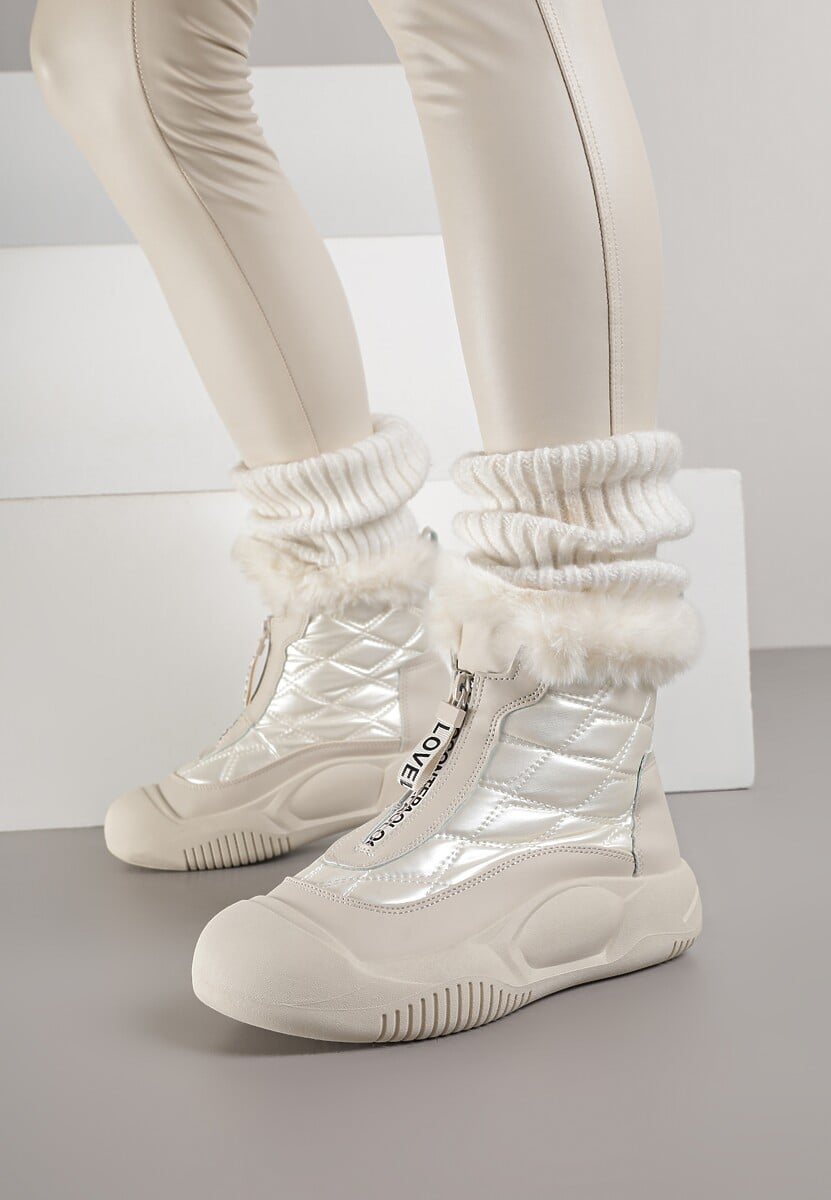 Beżowe Śniegowce Vices na Platformie z Pikowaną Cholewką i Futerkiem Gemitana