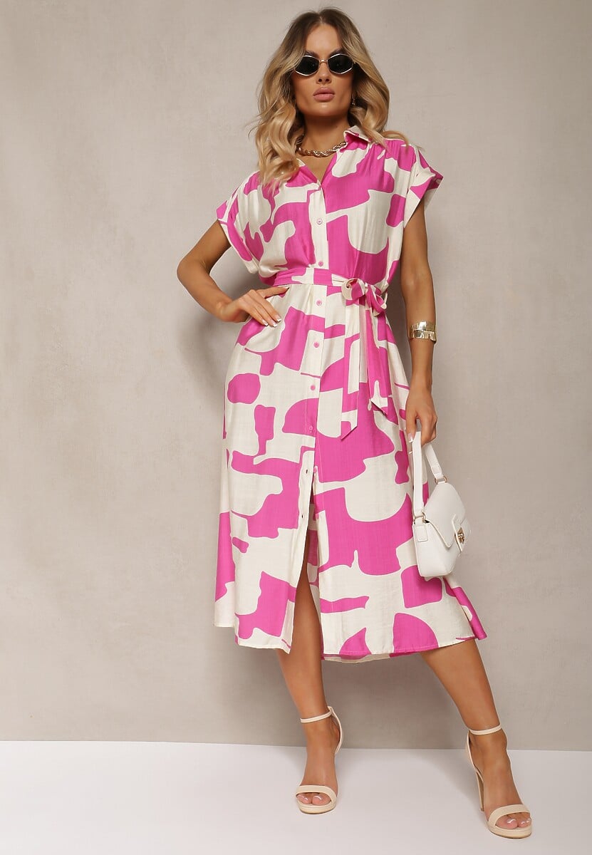 Różowo-Biała Sukienka o Koszulowym Kroju z Materiałowym Paskiem w Talii w Kolorowy Print Hilefia
