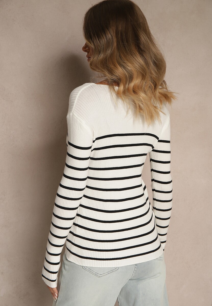 Biała Bluzka z Bawełną z Motywem Pasków i Guzikami Serisse