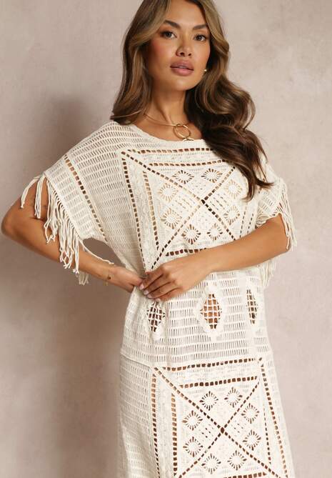 Beżowa Szydełkowa Sukienka Maxi z Frędzlami i Rękawem Typu Nietoperz Yumoto