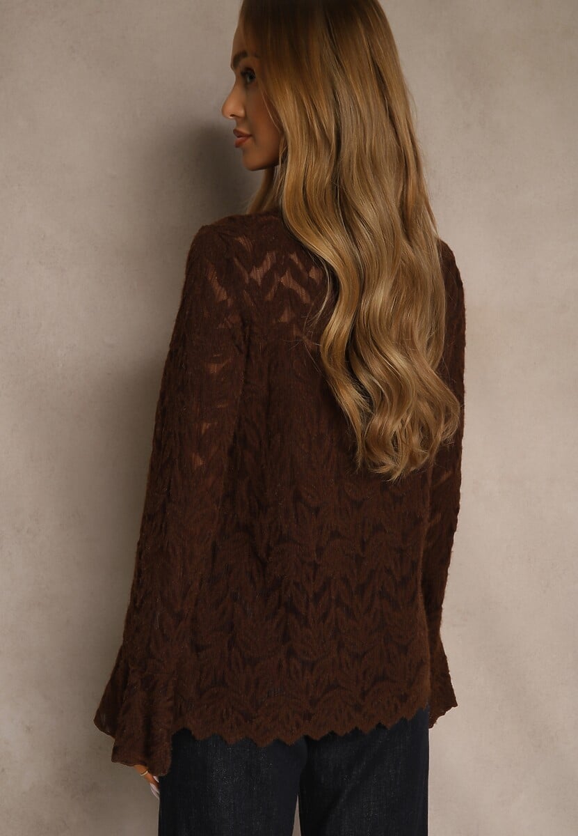 Brązowa Bluzka z Koronki ze Stójką i Falbankami przy Rękawach Nemira