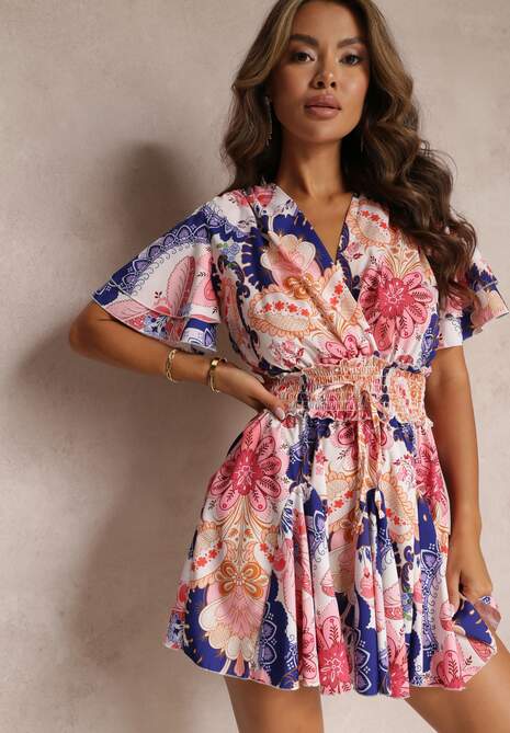 Granatowo-Różowo Sukienka z Marszczoną Gumką w Pasie i Kopertowym Dekoltem Plenn