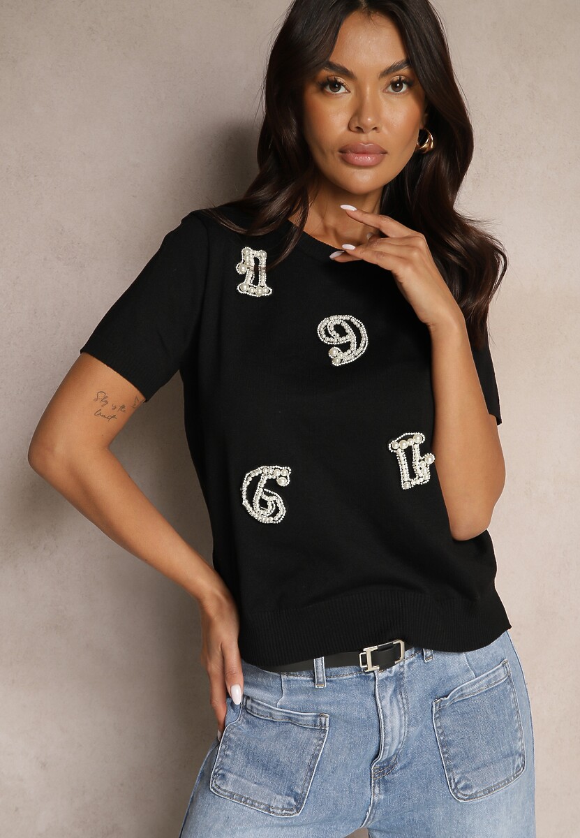 Biały T-shirt z Cyrkoniami Perełkami i Naszywkami Silvivia