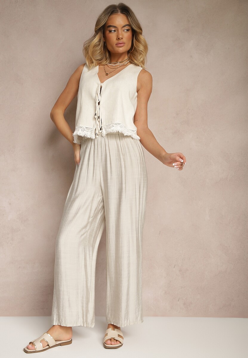 Jasnoszare Spodnie High Waist o Szerokim Kroju z Wiązaniem Telisiela