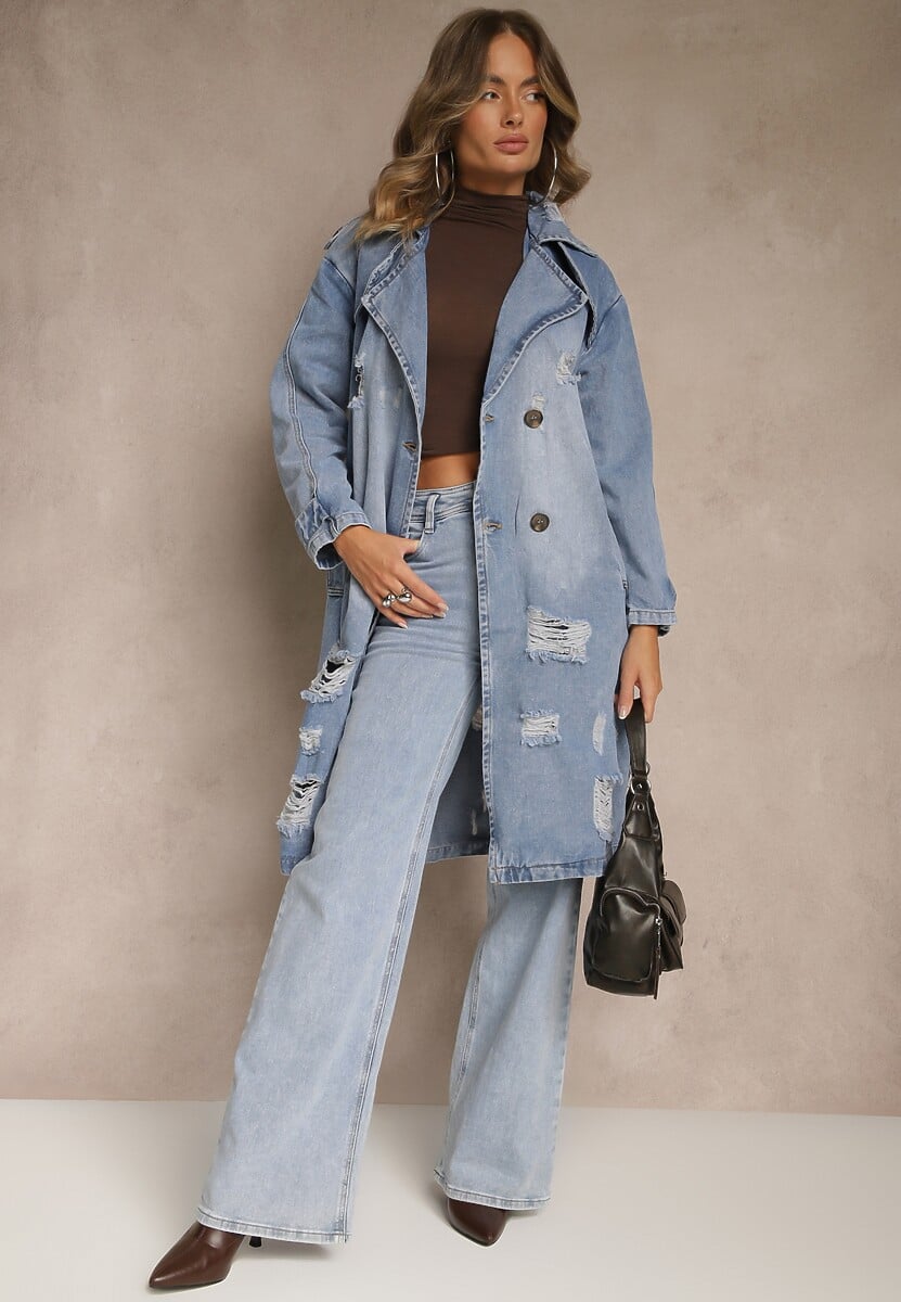 Niebieski Jeansowy Płaszcz Kurtka o Długim Wiązanym Fasonie z Przetarciami Arilessa