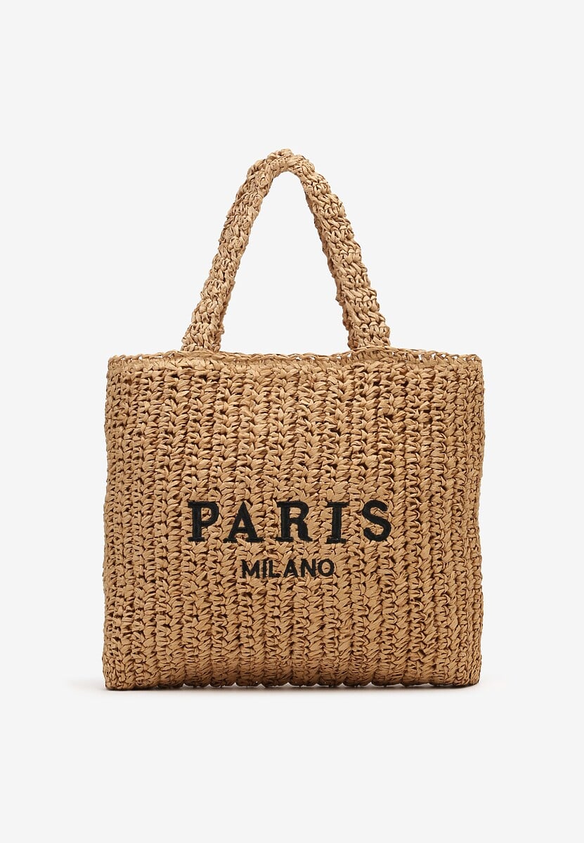 Ciemnobeżowa Duża Torebka z Plecionki Ozdobiona Napisem Degelia