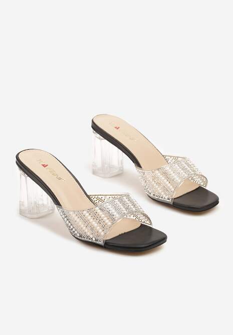 Czarne Transparentne Klapki na Słupku Ozdobione Cyrkoniami Sarfia