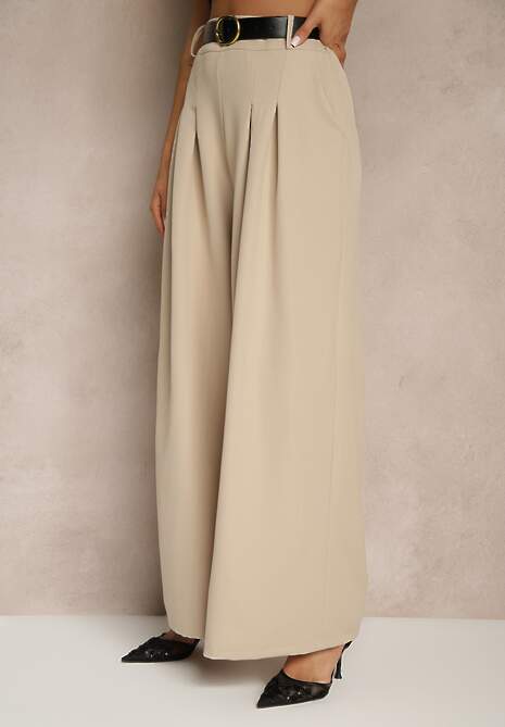 Beżowe Eleganckie Szerokie Spodnie Garniturowe z Wiskozą Ozdobione Paskiem Ravinae