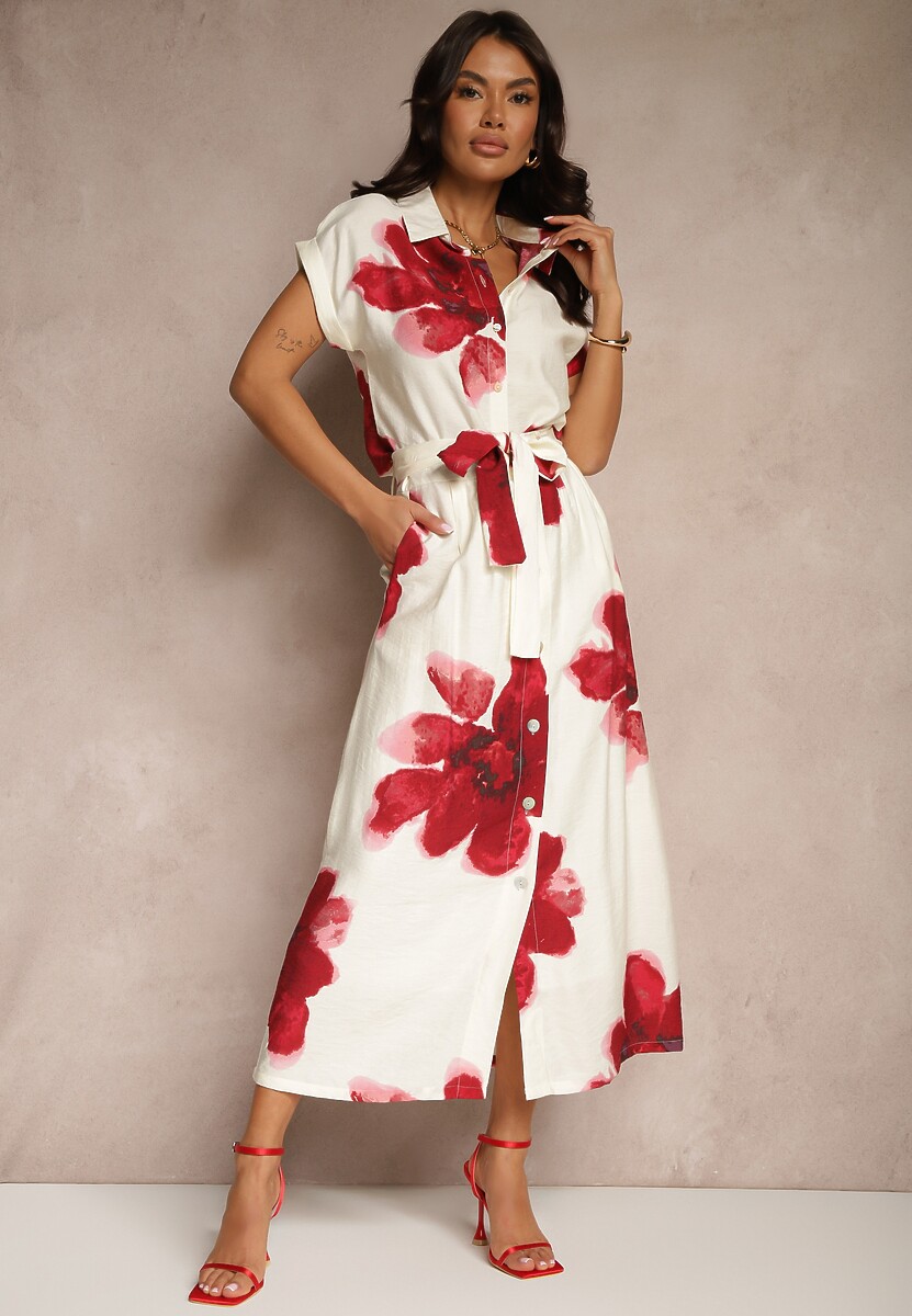 Czerwona Wiskozowa Kwiatowa Spódnica High Waist z Ozdobnym Paskiem i Guzikami Helseli