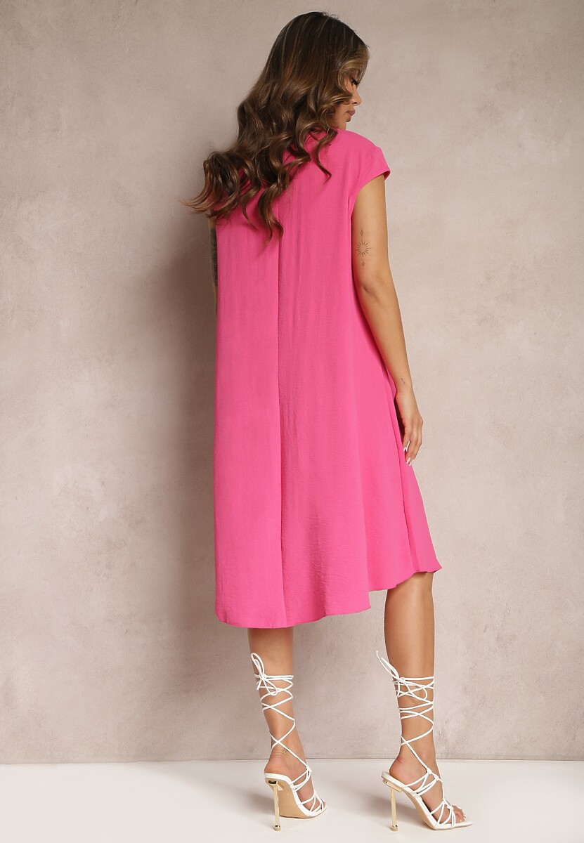 Fuksjowa Rozkloszowana Sukienka Midi na Szerokich Ramiączkach Lireu