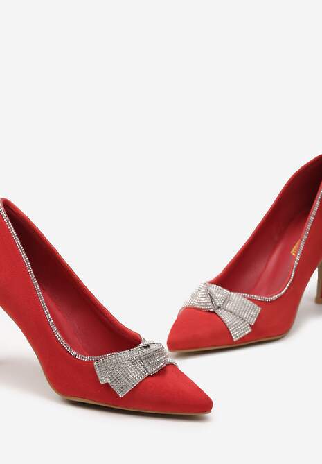 Czerwone Szpilki z Cyrkoniowymi Kokardami ze Szpiczastym Noskiem Crandia