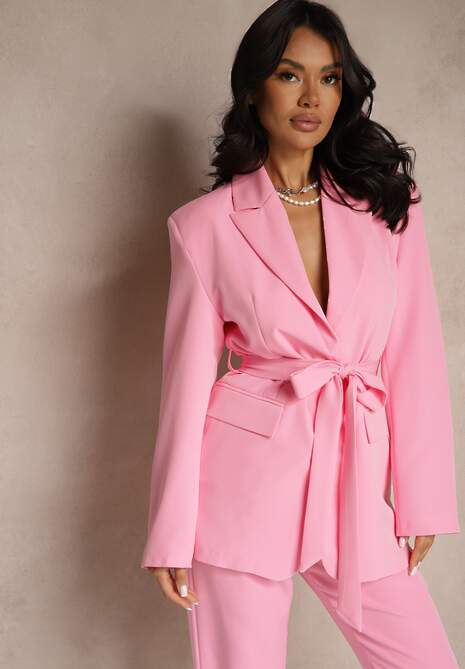 Różowa Jednorzędowa Marynarka o Taliowanym Fasonie z Wiązanym Paskiem Daviritte