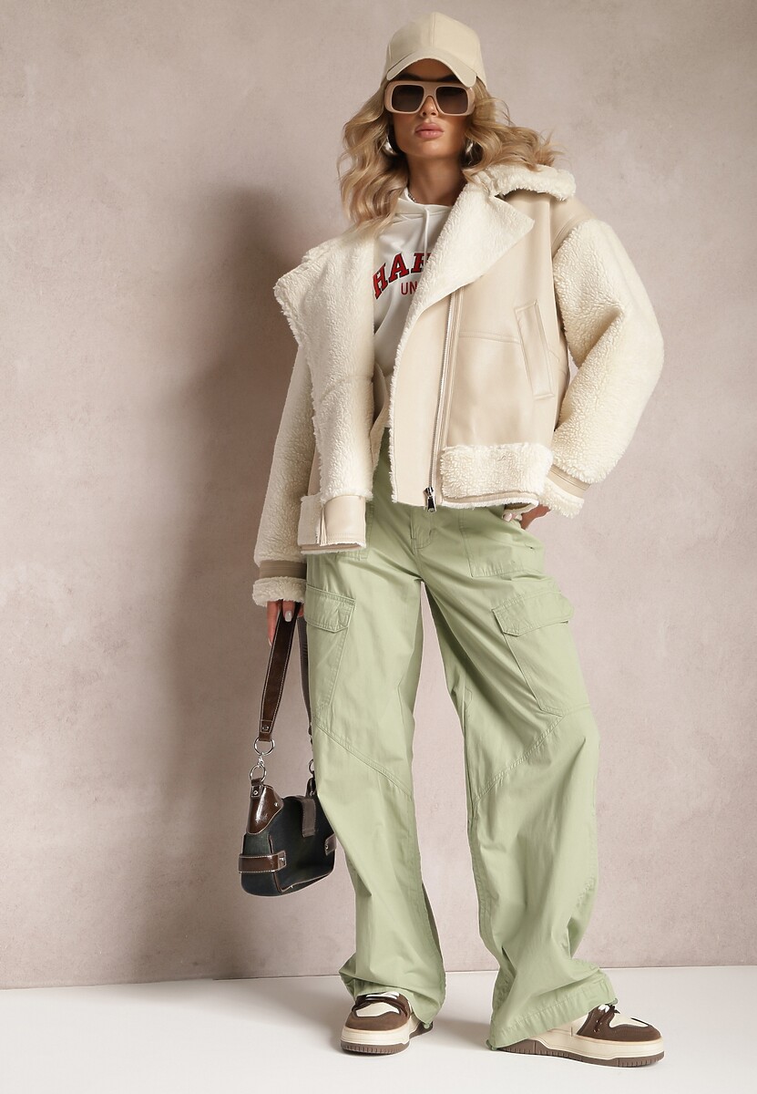 Ciemnobeżowe Bawełniane Spodnie z Gumeczkami Przy Nogawkach Moye