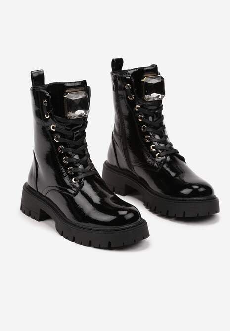 Czarne Sznurowane Botki na Platformie w Stylu Workerów z Aplikacją Kryształka Arrelae