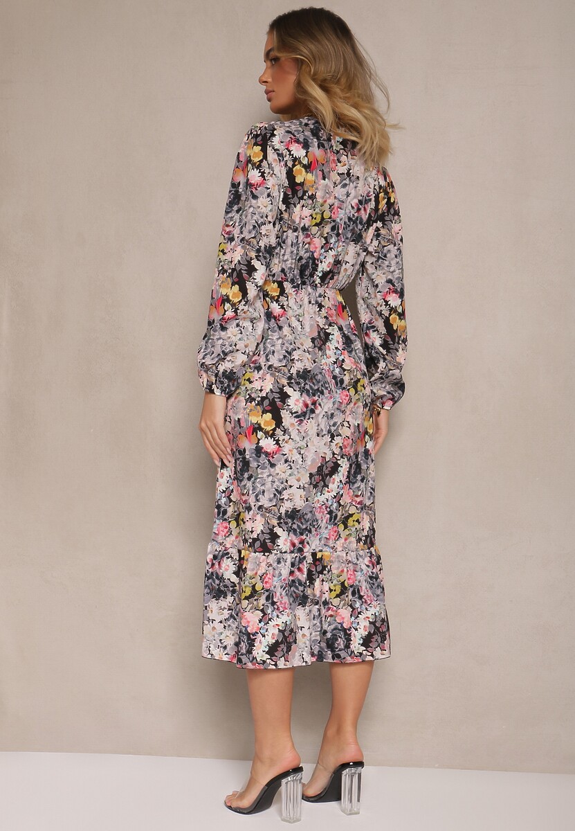 Czarna Sukienka w Kwiatowy Print o Rozkloszowanym Kroju z Dekoltem w Serek Janellia
