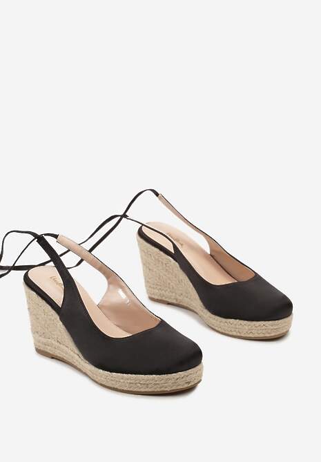 Czarne Sandały Espadryle z Satynową Cholewką i Plecionym Koturnem Manolla