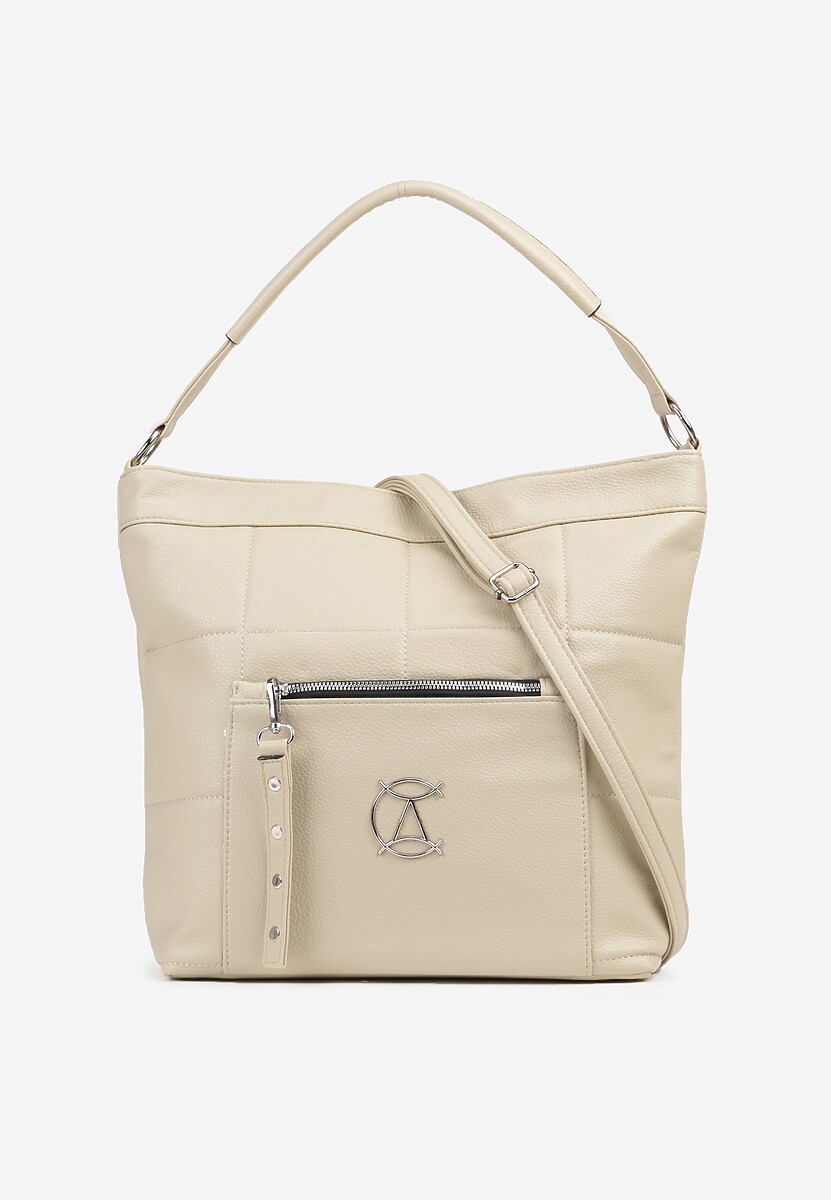 Beżowa  Pikowana Torebka w Stylu Shopperki z Metaliczną Ozdobą Lanovara