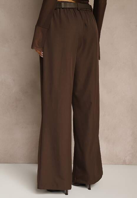 Brązowe Garniturowe Spodnie Wide Leg z Paskiem z Klamrą Muszelką Setre