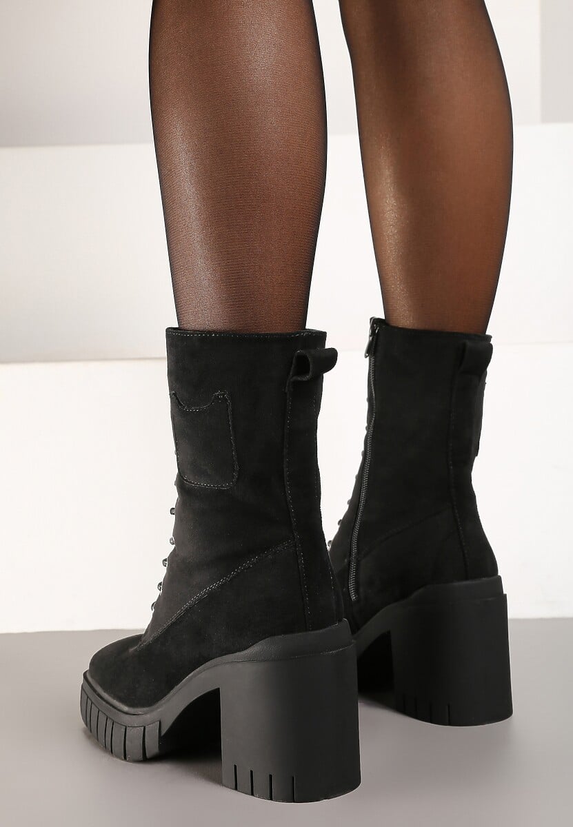 Czarne Botki na Słupku i Platformie ze Sznurowaniem Ameni