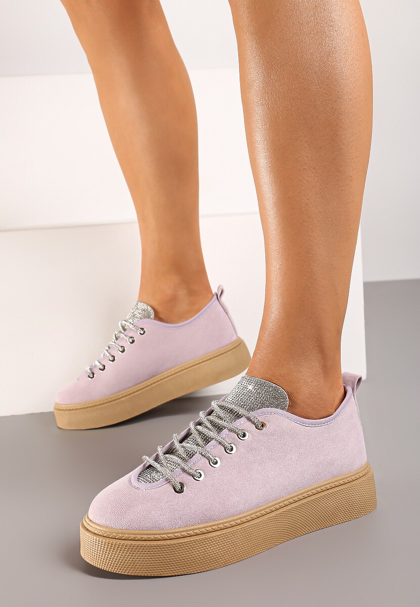 Jasnofioletowe Sneakersy na Platformie ze Sznurowaniem z Cyrkoniami Oziana
