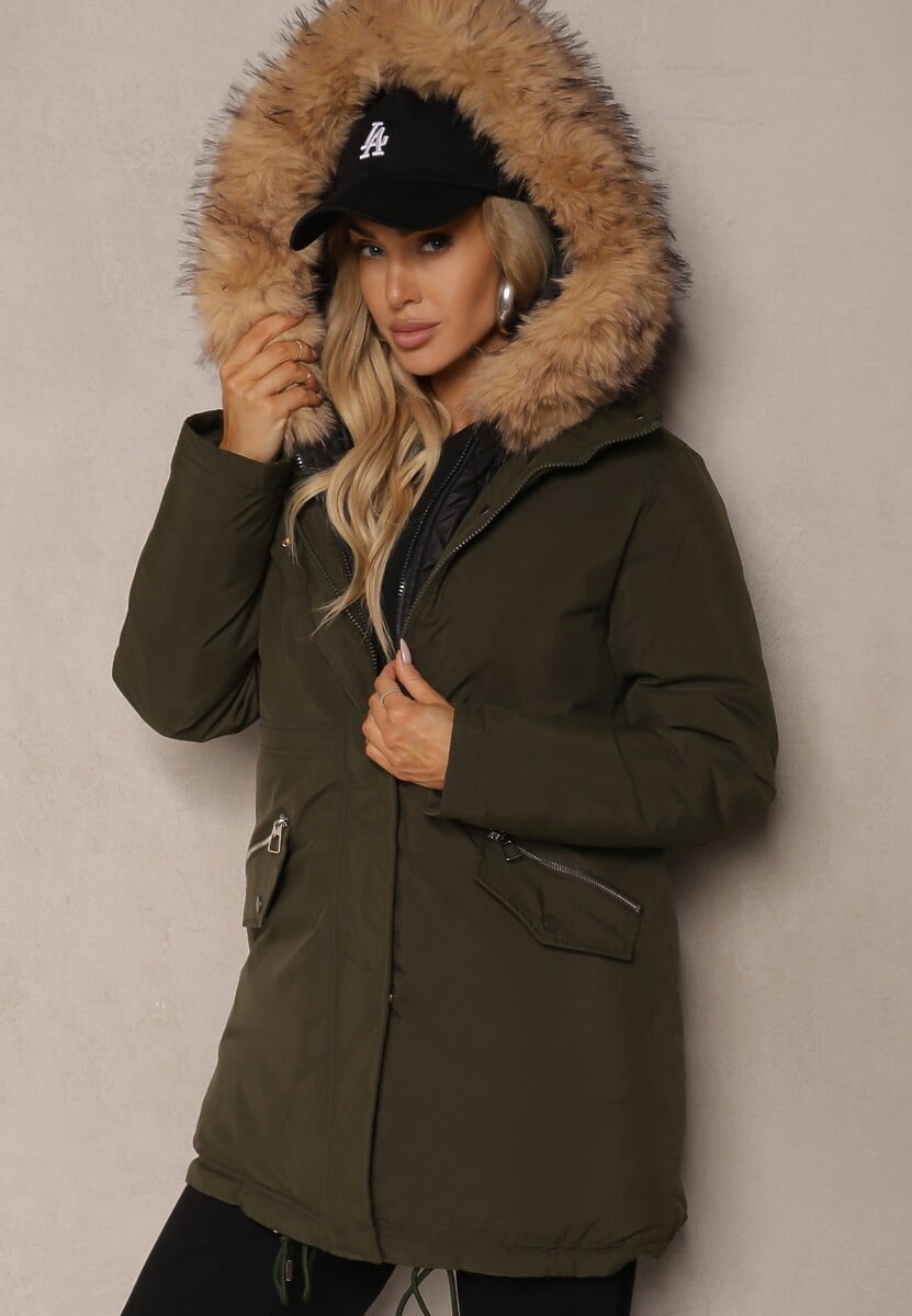 Zielona Kurtka Parka Ściągana w Talii z Podwójnym Suwakiem i Kapturem z Futrem Edrieth