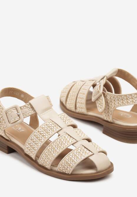 Beżowe Sandały Ozdobione Plecionką Zapinane na Sprzączkę Liaseria