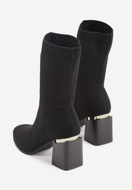 Czarne Skarpetkowe Botki VICES na Słupkowym Obcasie z Metaliczną Wstawką Anivita