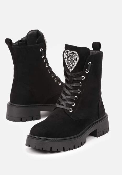 Czarne Botki Workery na Płaskiej Podeszwie ze Sznurowaniem i Ozdobą z Cyrkoniami Savilora