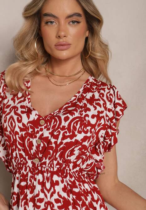 Bordowa Sukienka z Bawełny Rozkloszowana z Falbanami w Roślinny Wzór Zalimara