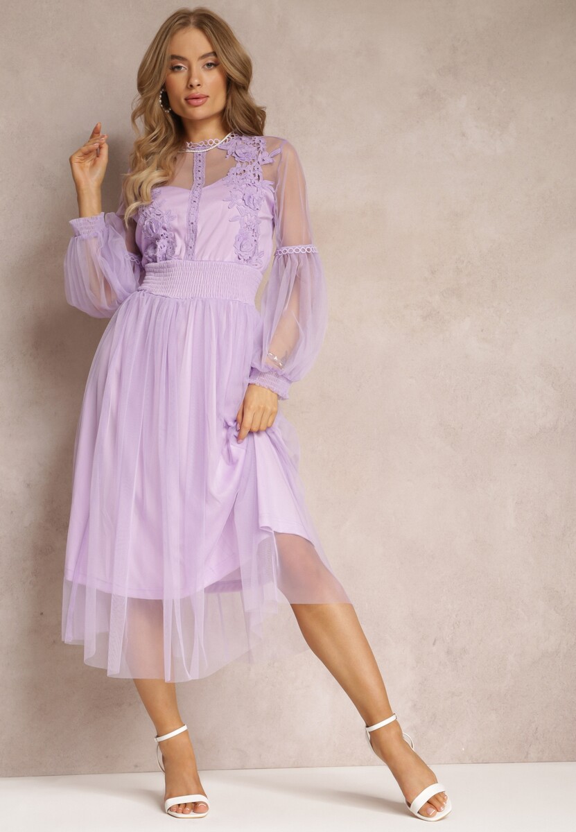 Fioletowa Tiulowa Sukienka Rozkloszowana z Koronką Nirthe