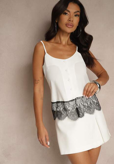 Biało-Czarny Top na Ramiączkach z Koronką Zapinany na Guziki Liraline