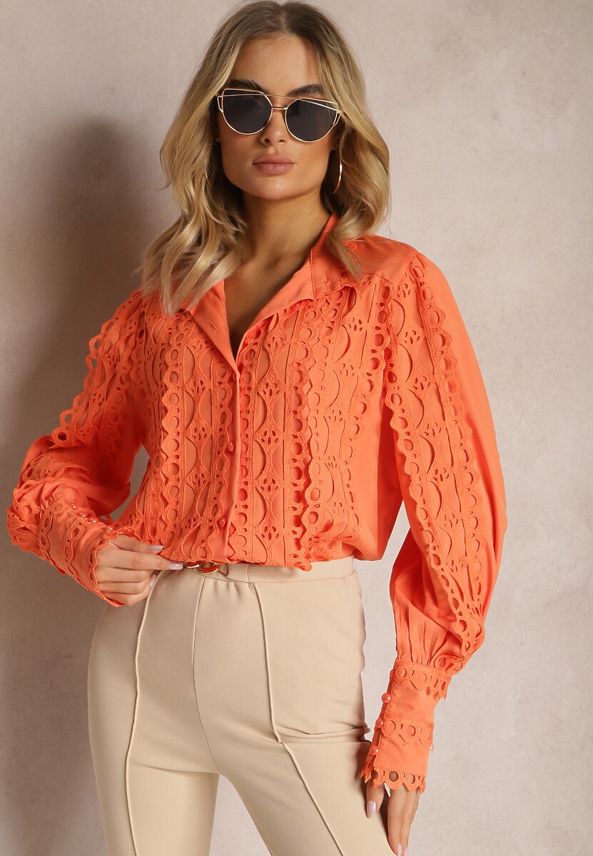 Niebieska Ażurowa Koszula z Elegancką Stójką Manuella